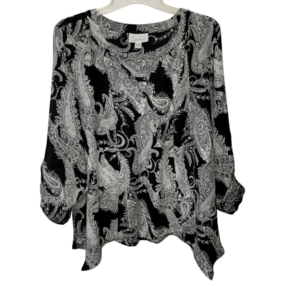 Simply Emma Black/White Paisley Roll Tab Long Sleeves Hanky Hem Boho 2X Workwear
